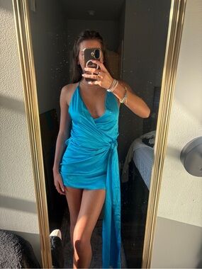 SHEIN Turquoise Satin Halter Wrap Mini Dress